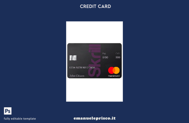 modello di carta di debito Skrill Mastercard stile verificato in formato PSD, mo